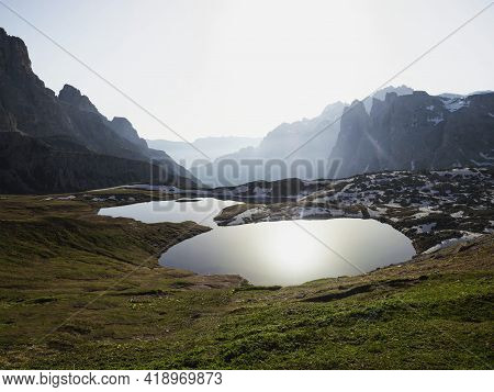 Alpine Mountain Panorama Of Laghi Dei Piani Bodenseen Lakes At Tre Cime Di Lavaredo In Sexten Dolomi