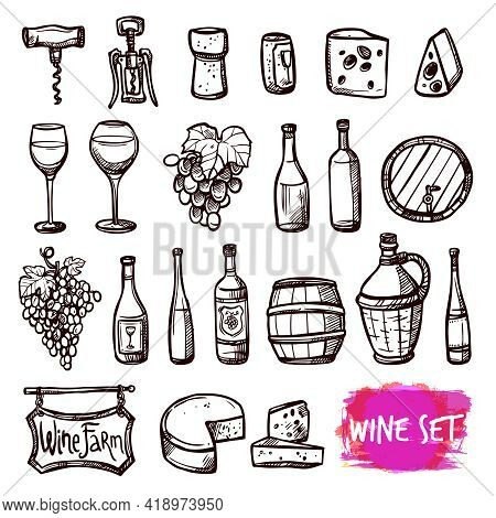 Winery Farm Black Doodle Pictograms Collection For Restaurant Wine Consumption With Cheese Chasers A
