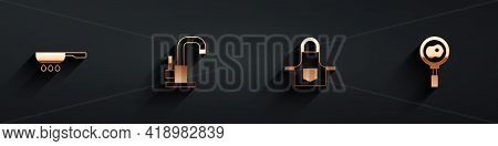 Set Frying Pan, Water Tap, Kitchen Apron And Fried Eggs Frying Icon With Long Shadow. Vector