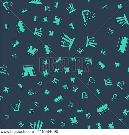 Set Ski And Sticks, Diving Mask Snorkel, Short Pants And Hotel Room Bed On Seamless Pattern. Vector