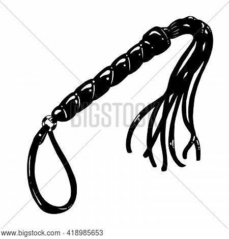 Bdsm Hand Drawn Flogger Whip. Black And White Illustration
