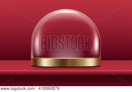 3d Realistic Vector Glass Globe Stand With Gold Plate On Red Velvety Background.
