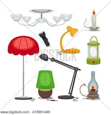 Lamps And Lights. Vector Chandelier, Flashlight, Candle And Oil Lamp, Rechargeable Lamp, Night Light