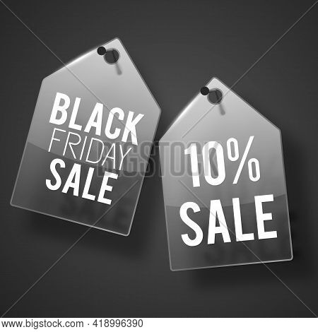 Two Dark Gray Nailed Down To The Wall Sale Tag Set With Black Friday Sale Description Vector Illustr