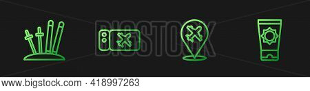 Set Line Plane, Ski And Sticks, Airline Ticket And Sunscreen Cream Tube. Gradient Color Icons. Vecto
