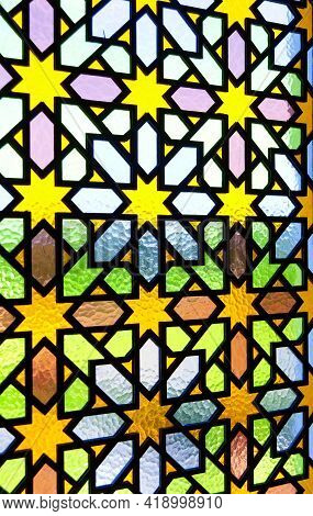 Ancient Colorful Stained Glass With Abstract Arabic Geometric Pattern