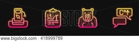 Set Line Polar Bear Head, Petrol Or Gas Station, Global Warming And . Glowing Neon Icon. Vector