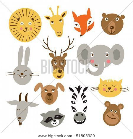 Heads of cartoon animals, vector set on a white background