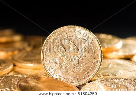 Five Dollars gold coins USD shallow depth of fiels