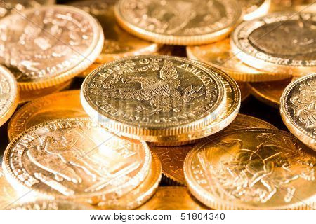 Five Dollars gold coins USD shallow depth of fiels
