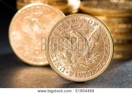 Five Dollars gold coins USD shallow depth of fiels