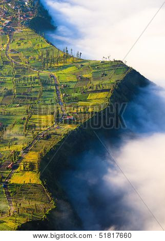 Village And Cliff At Bromo Volcano In Tengger Semeru, Java, Indonesia
