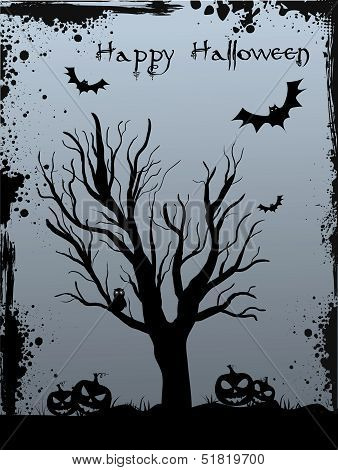 Grunge Halloween Background With Tree And Bats