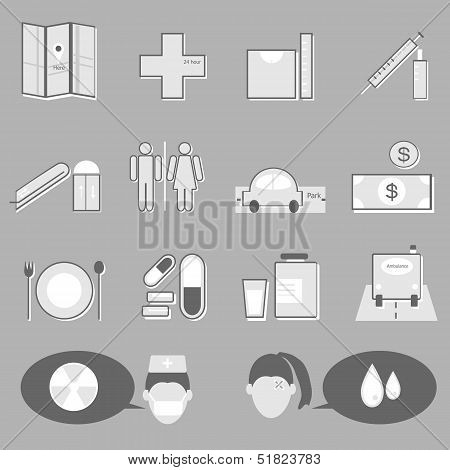 Hospital And Medical Icons On Gray Background