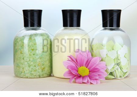 Aromatherapy minerals - colorful bath salt on light background