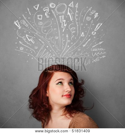 Pretty young woman with many sketched arrows pointed in different directions above her head