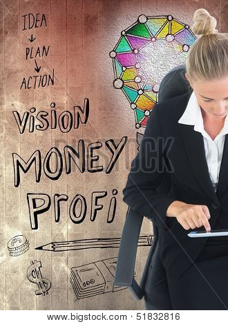 Composite image of businesswoman sitting on swivel chair with tablet in front of wall covered with illustrations