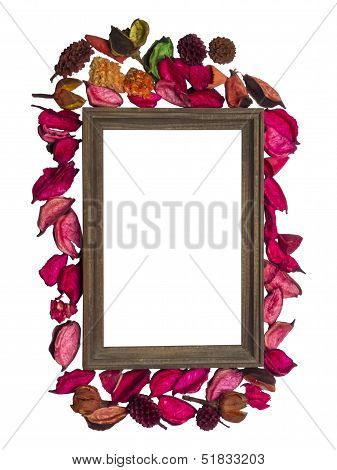 Wooden  Photo Frame Surrounded With Dry Flowers Petal