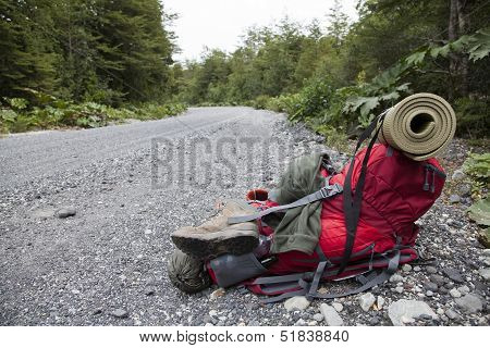 Backpack At The Side Of The Austral Road.