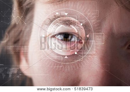 Modern cyber man with technolgy eye looking