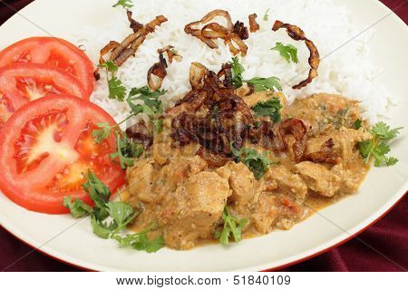 The popular south-Indian variant of Chicken Korma, incorporating coconut, seen closeup, served with boiled basmati rice and garnished with coriander leaves, fried onion and sliced tomato.