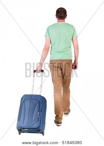 back view of walking  man  with suitcase. brunette guy in motion. backside view of person. Rear view people collection. Isolated over white background. man with a travel bag away from us into distance