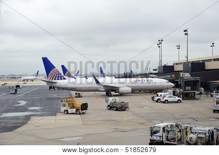 NEWARK, NJ - Oct 5: United Airlines plane at airport on October 5, 2011 in Newark, New Jersey. United Airlines merged with Continental in 2010 as now the world's largest airline.
