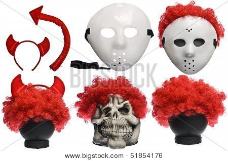 Pack of Various Halloween Costumes. Devil Girl, Jason Hockey Mask, Red Clown Wig and Ghost Mask on I
