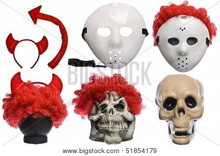 Pack of Various Halloween Costumes. Devil Girl, Jason Hockey Mask, Red Clown Wig, Ghost Mask and Sku