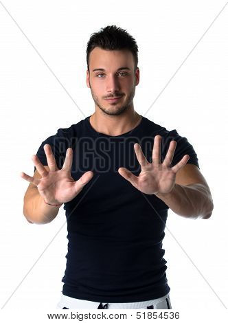 Handsome Young Man Counting To Ten With Fingers And Hands