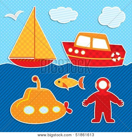 Set Of Cute Vector Colorful Stickers. Ships And Diver