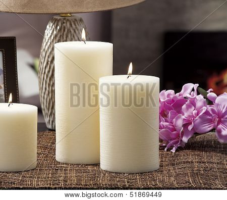 Still Life Of Home Lighting Candles Or Catalyst Lamp