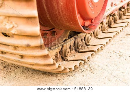 Caterpillars Of The Tractor. Car Engine, Sugar Cane Harvest