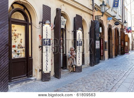 Old Street In Prague Town With Souvenir Shops