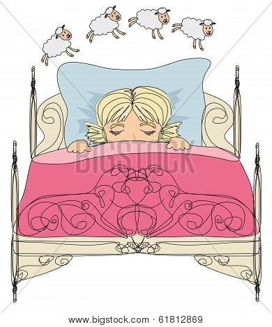 Little Girl Counting Sheep To Fall Asleep