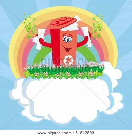 Recycling Red Bin With Papers - Character Illustration