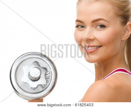 fintess, healthcare and dieting concept - young sporty woman with heavy steel dumbbell
