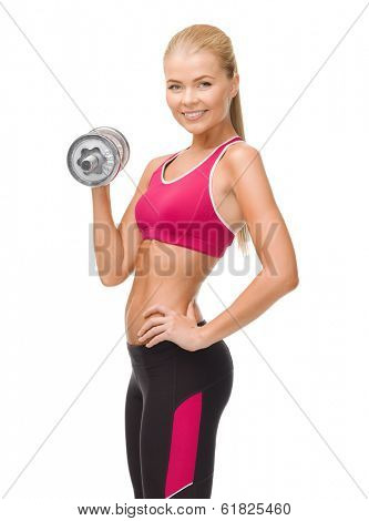 fintess, healthcare and dieting concept - young sporty woman with heavy steel dumbbell