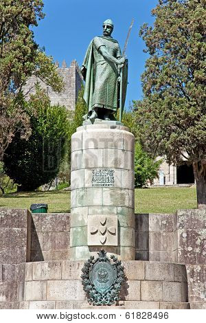 Statue of King Dom Afonso Henriques by the Sacred Hill in the city of Guimaraes. The first king of Portugal in the 12th century. UNESCO World Heritage Site.