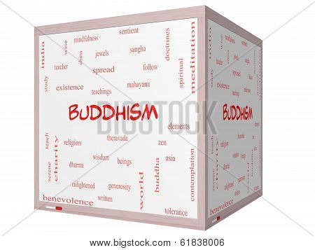 Buddhism Word Cloud Concept On A 3D Cube Whiteboard