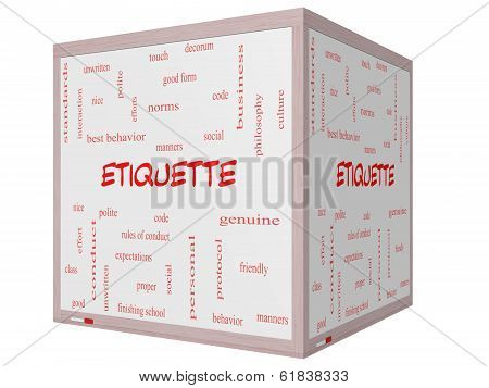Etiquette Word Cloud Concept On A 3D Cube Whiteboard
