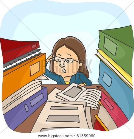 Illustration of a Woman Rummaging Through Stacks of Files