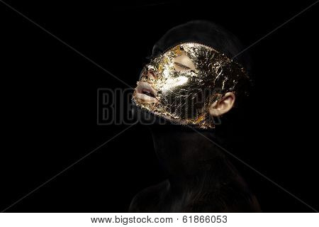 Fiction. Imagination. Futuristic Creature In Crazy Mystic Mask And Gilt