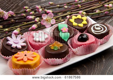 Variety Of Cassata Sicily Dessert With Spring Flower On Wood