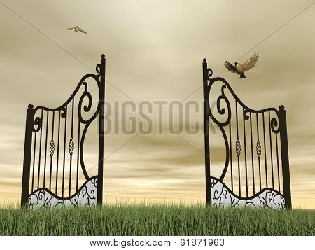 Open gate in nature - 3D render