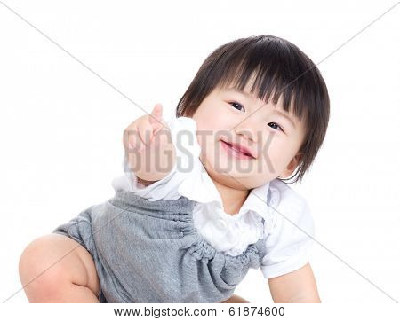 Asian baby girl finger pointing toward front