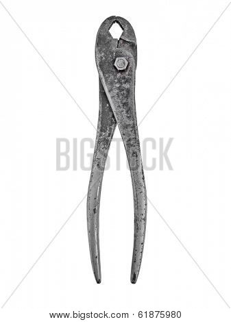 vintage rusty slip joint adjustable pliers wrench over white, clipping path