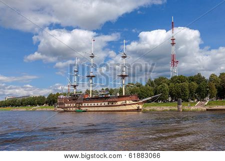 Novgorod, Russia - August 10, 2013: Sailing Ship On River Volhov In Summer Day. Novgorod Veliky Is R