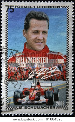 AUSTRIA - CIRCA 2006: A stamp printed in Austria shows Michael Schumacher circa 2006