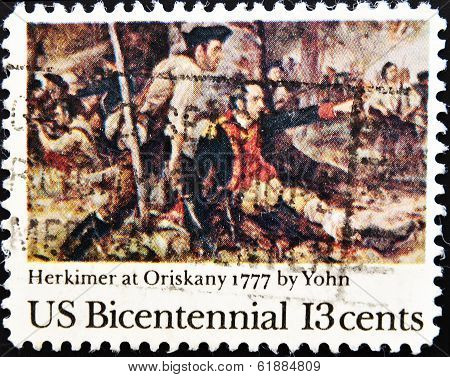 UNITED STATES OF AMERICA - CIRCA 1977 : A stamp printed in the USA shows Herkimer at Oriskany 1777